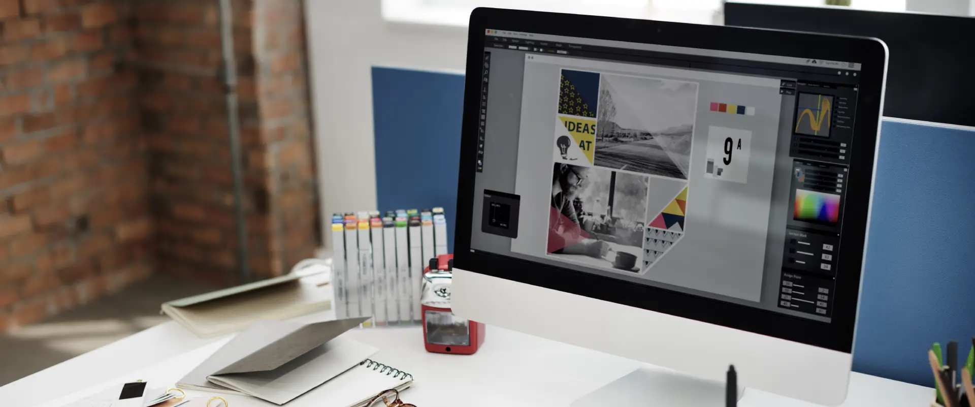 Digital creative design-themed header illustrating editorial, content, and design services