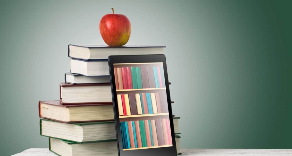 Split image of a person holding a paperback and another reading on an e-reader