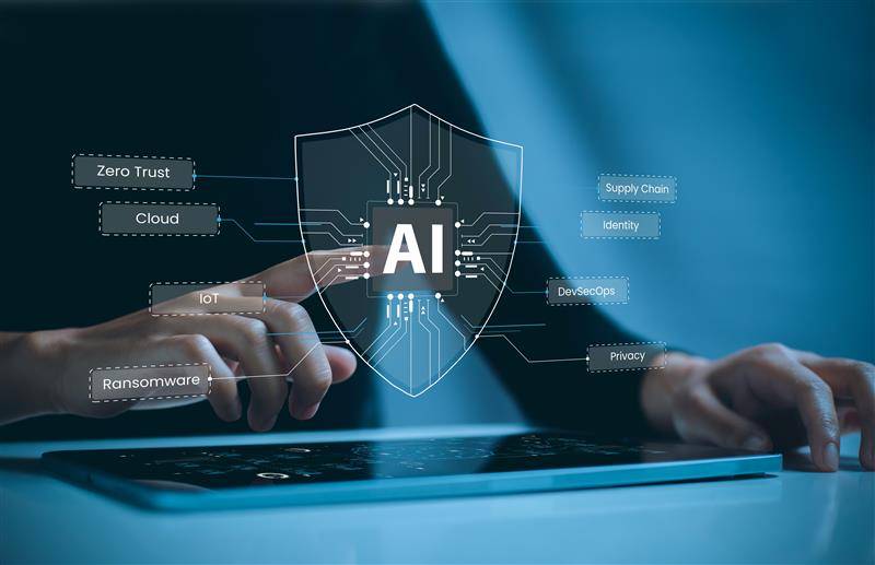 AI brain over a digital lock symbolizing cybersecurity