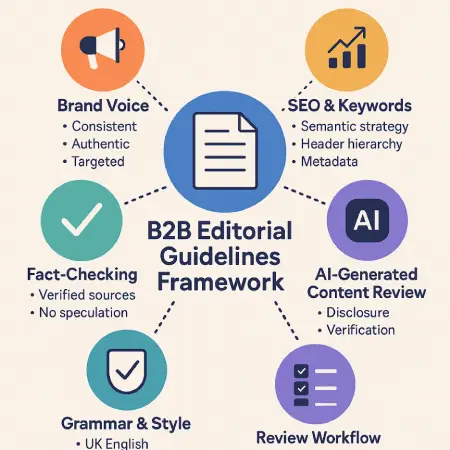 Flat-style digital editorial layout for B2B content, showcasing brand tone, consistency, and credibility principles.