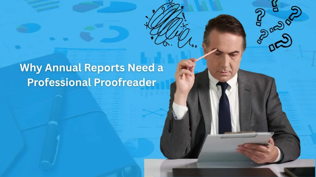 Professional proofreader reviewing a company’s annual report for accuracy and compliance.