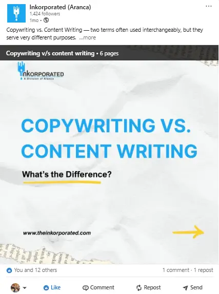 LinkedIn Post – Copywriting vs. Content Writing