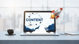 Rocket takeoff visual representing the benefits of investing in quality content