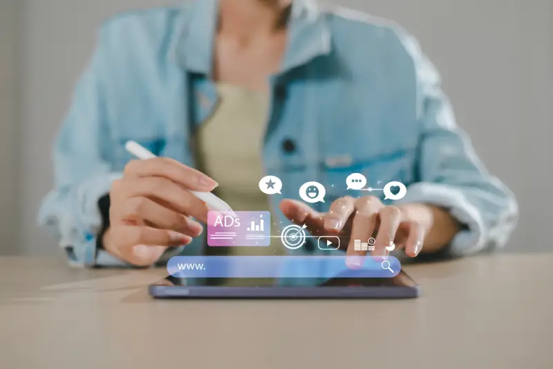 User interacting with digital icons showing benefits of quality content