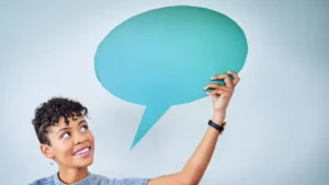 speech bubble symbolizing brand voice vs industry jargon in content writing