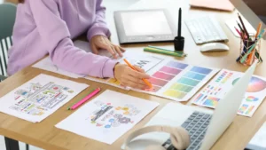 Color palettes and typography planning for corporate annual report design