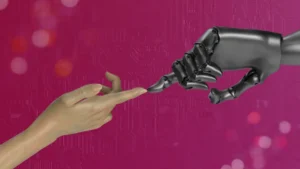 Human and AI hands touching, symbolizing human creativity and collaboration in the AI design era