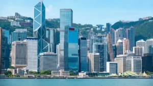 Global financial district skyline representing equity research reports and pre-publication review in brokerage research.