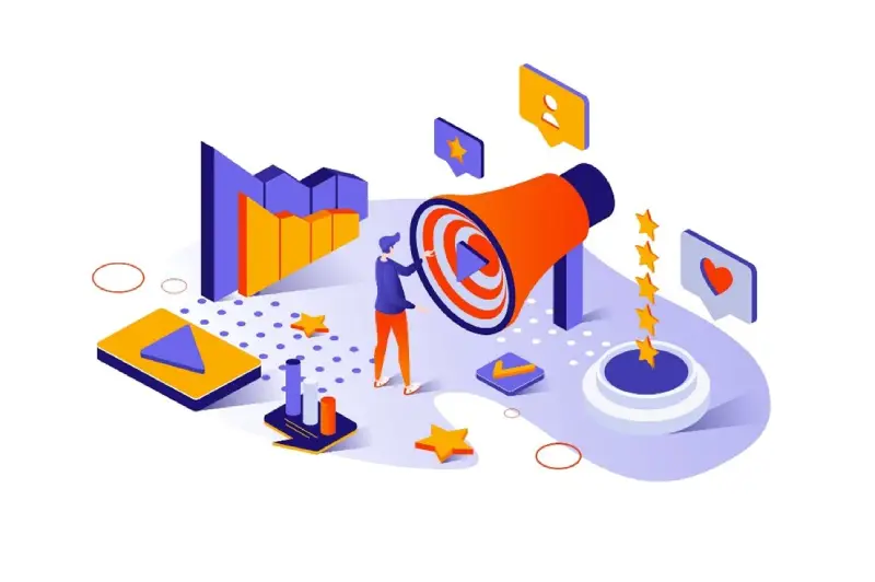 Digital content strategy illustration with multimedia promotion and audience interaction elements