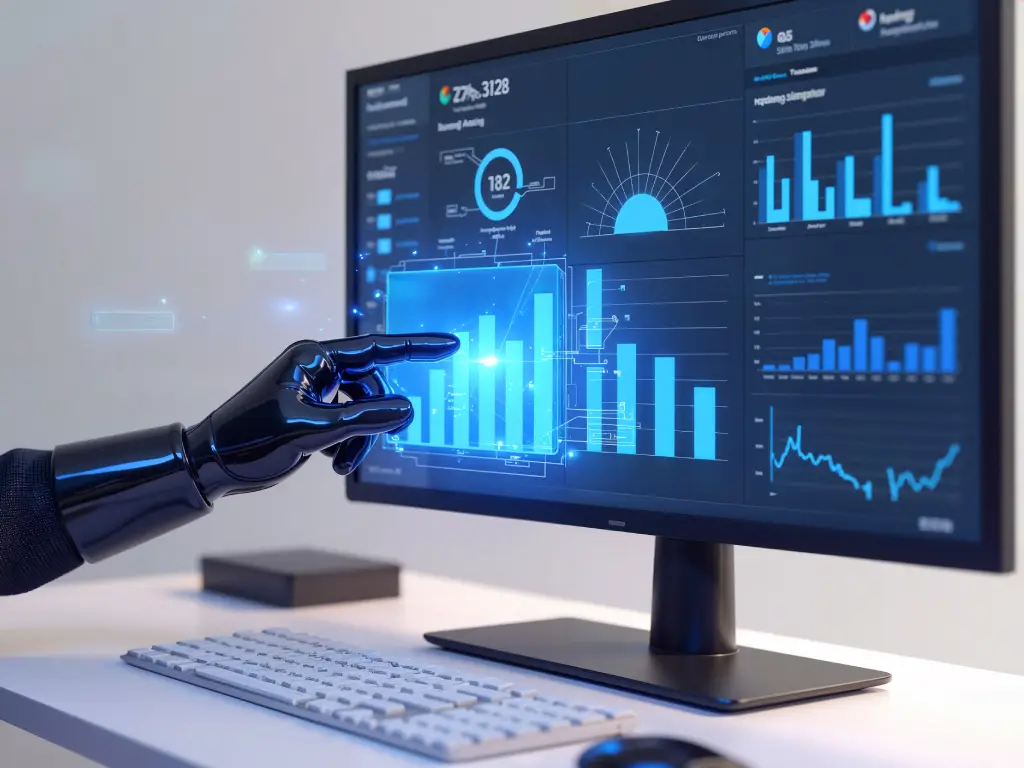 Artificial intelligence analyzing financial charts and market data for equity research reporting