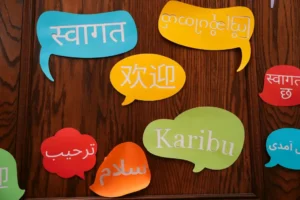 Multilingual speech bubbles representing business translation services for global communication