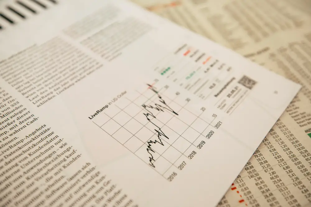 Financial newspaper stock chart used as a reliable source in FinTech content writing