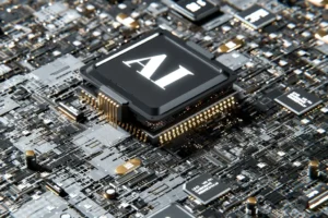 AI processor chip on a circuit board, symbolizing risks of generative AI content