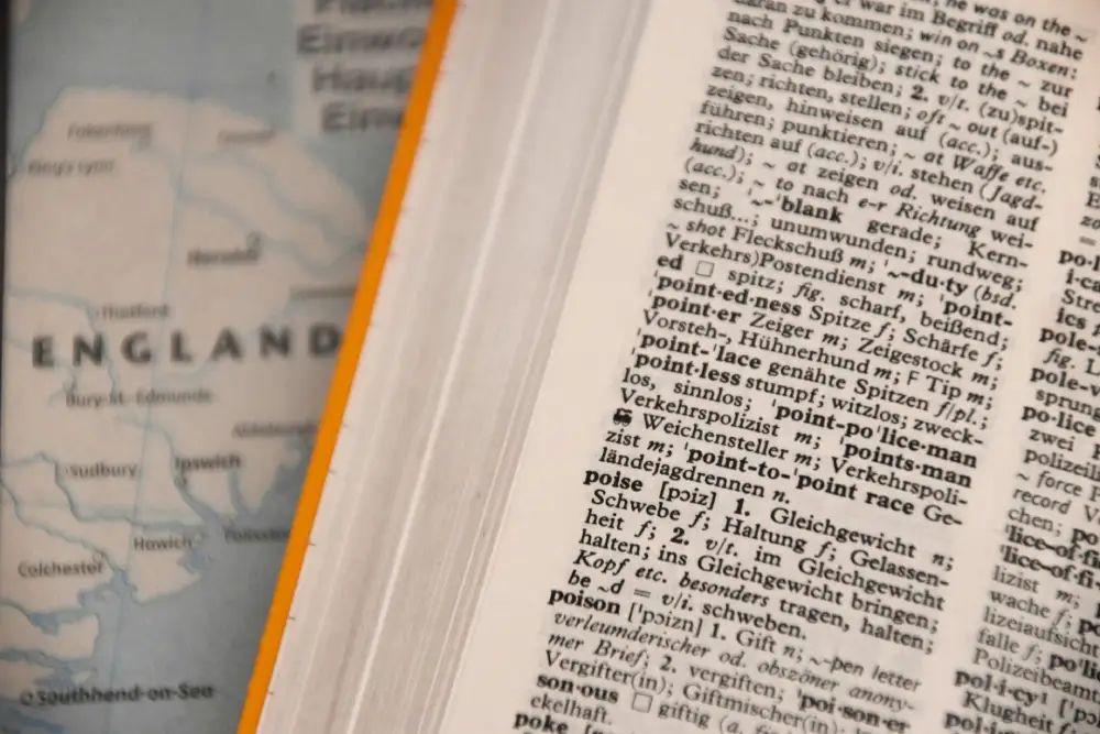 English dictionary and map representing language translation and localization